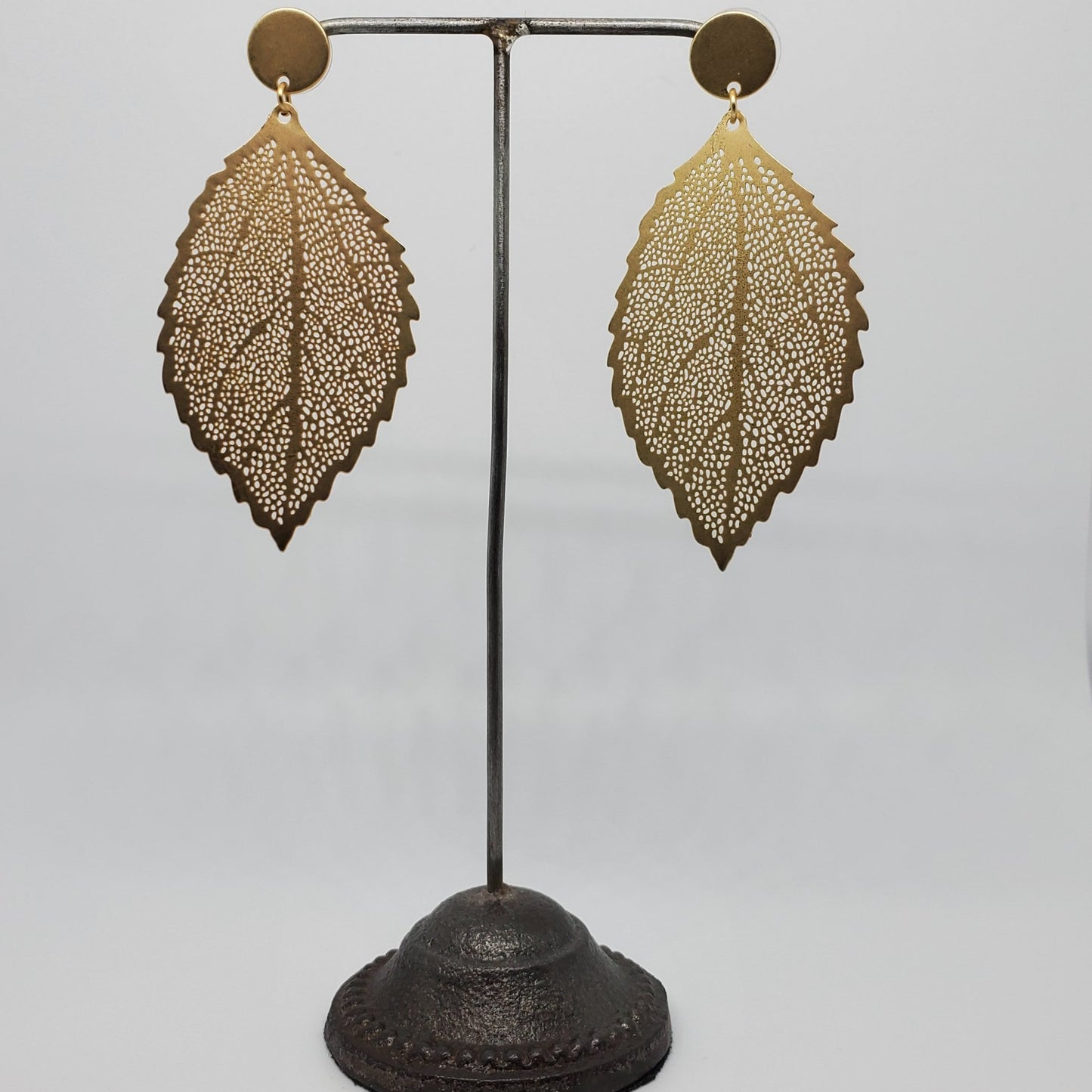 OLD METAL LEAF FILIGREE POST EARRINGS