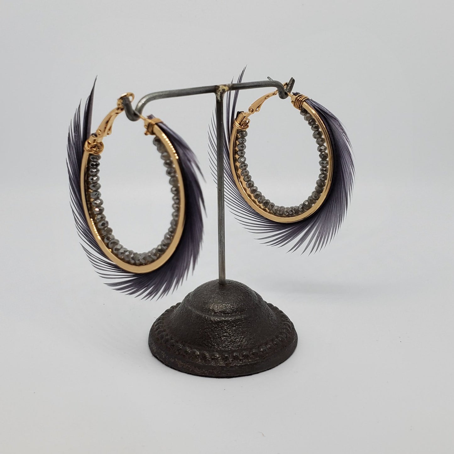 GRAY FINE FRINGED WITH RONDELLE BEADS HOOP EARRINGS