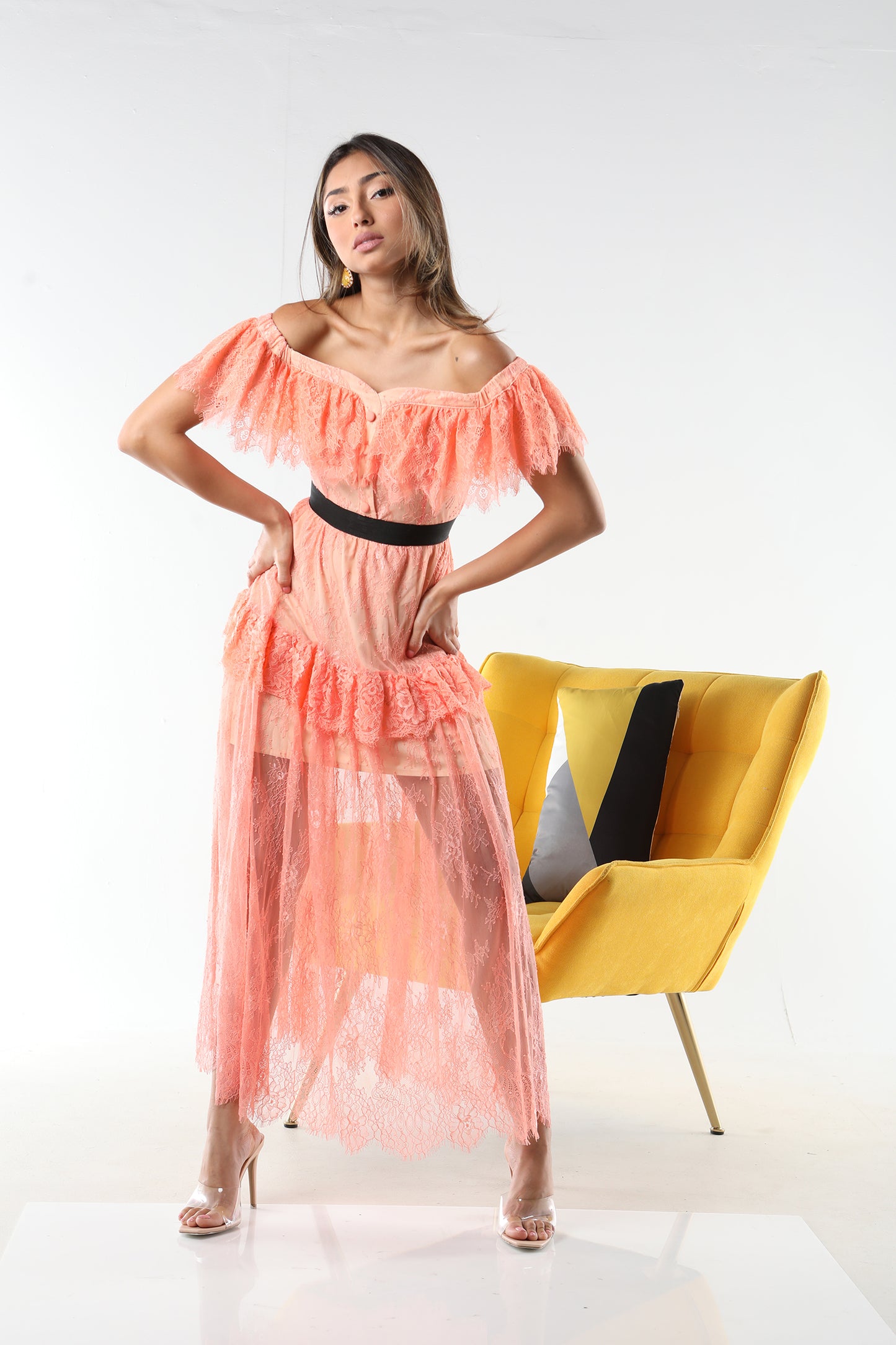 THE CORAL OFF-THE-SHOULDER LACE MAXIDRESS