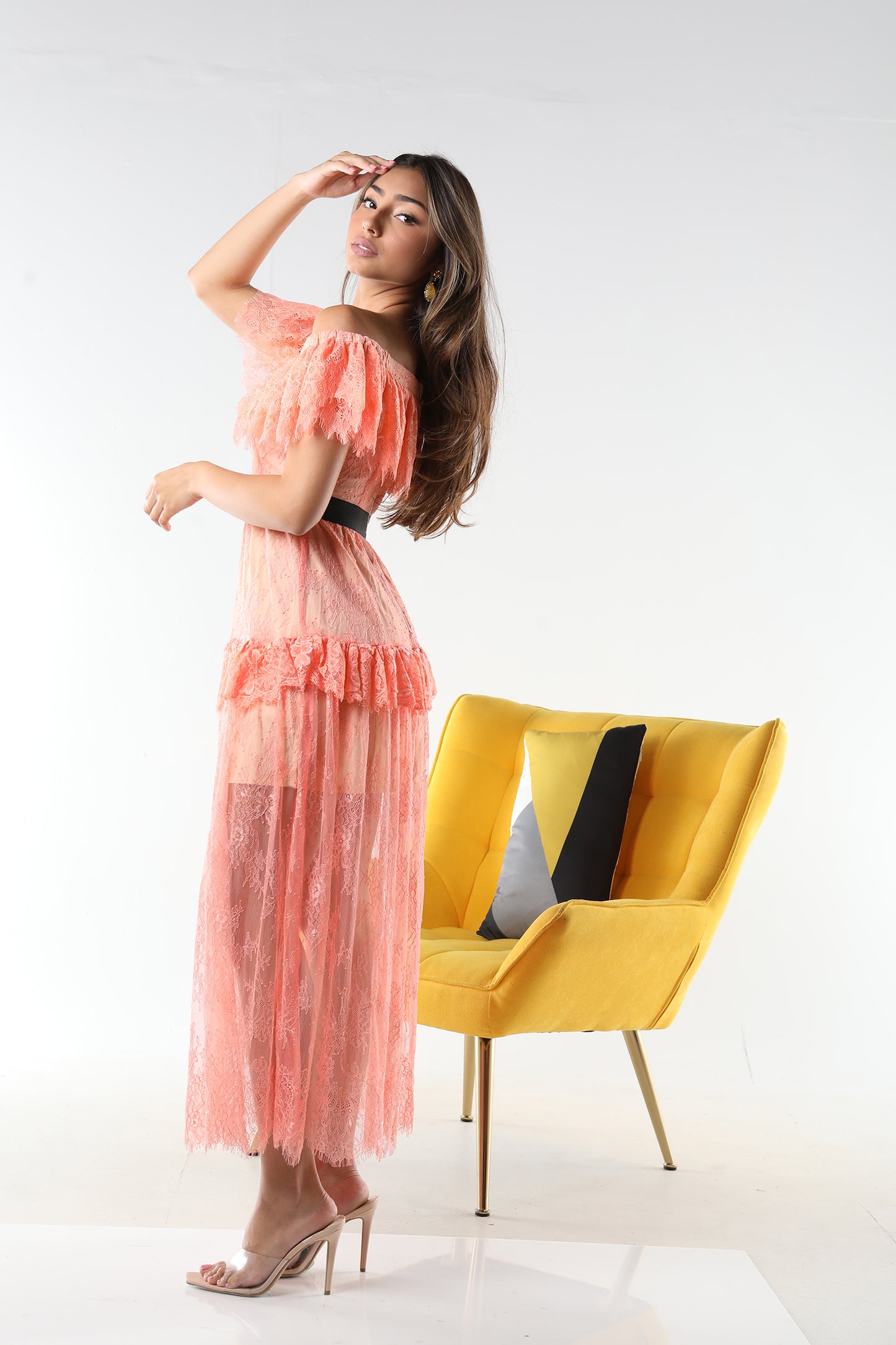 THE CORAL OFF-THE-SHOULDER LACE MAXIDRESS