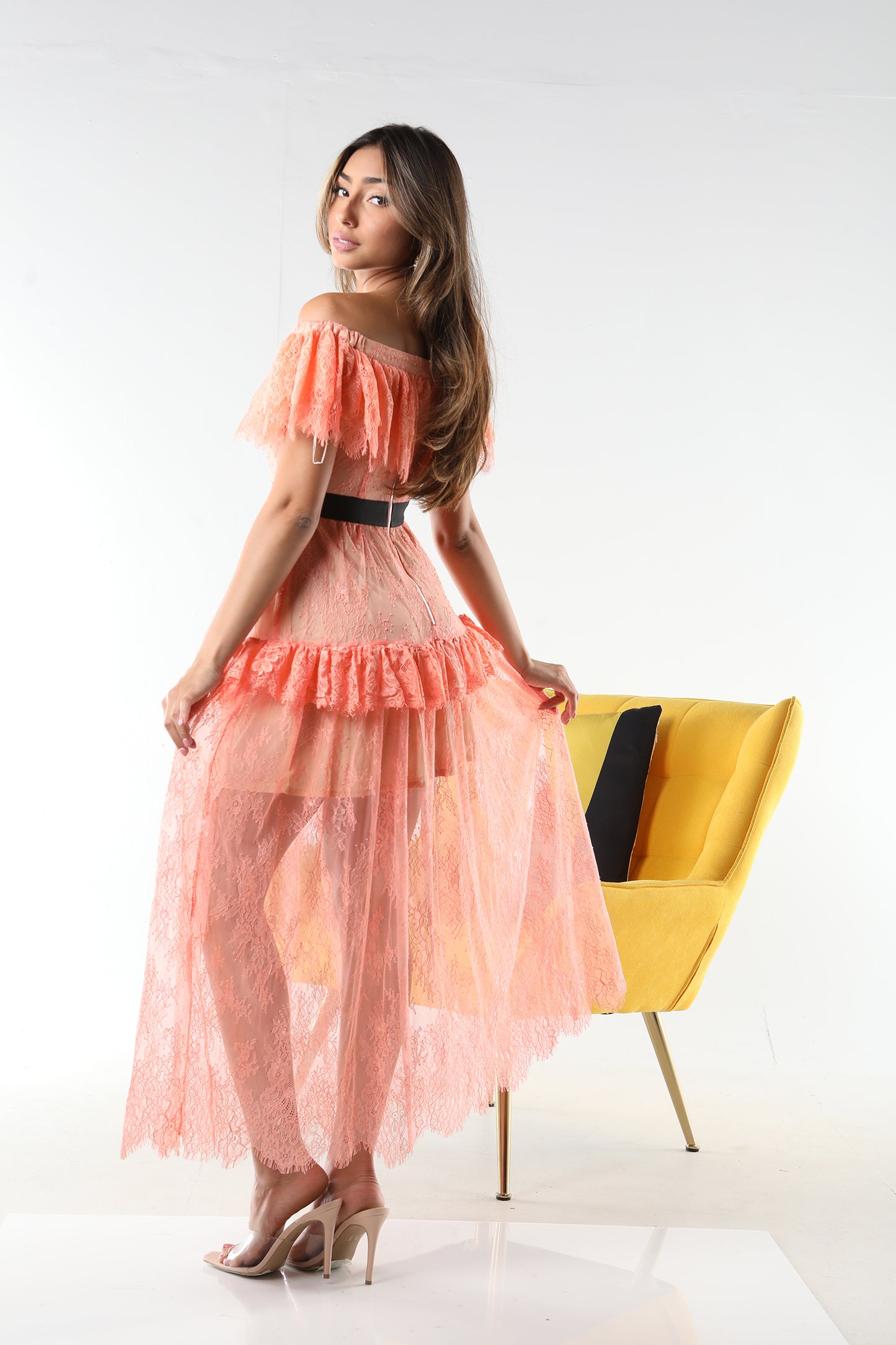 THE CORAL OFF-THE-SHOULDER LACE MAXIDRESS