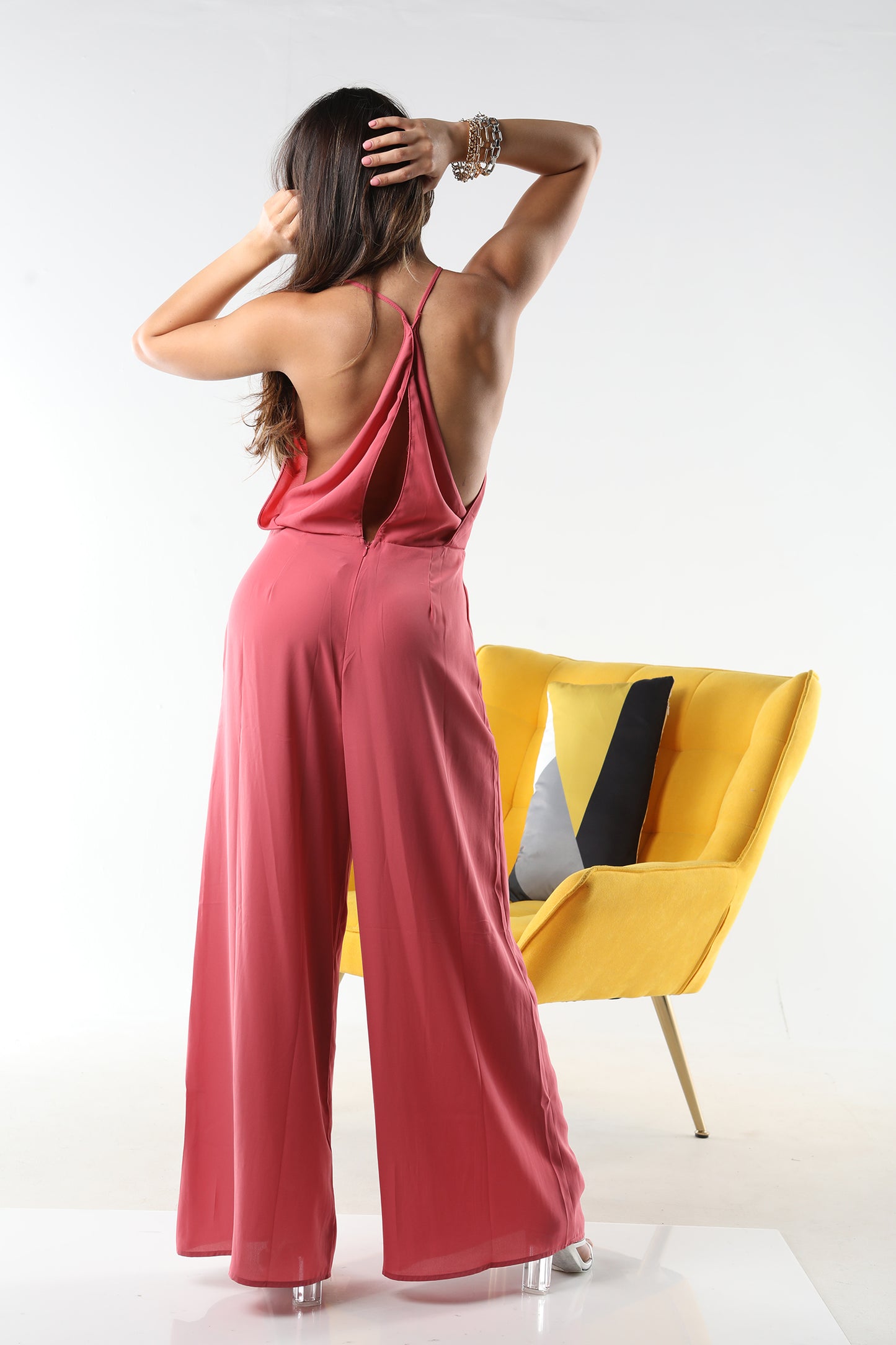 PINK SLEEVLESS V NECK WRAP CASUAL JUMPSUIT