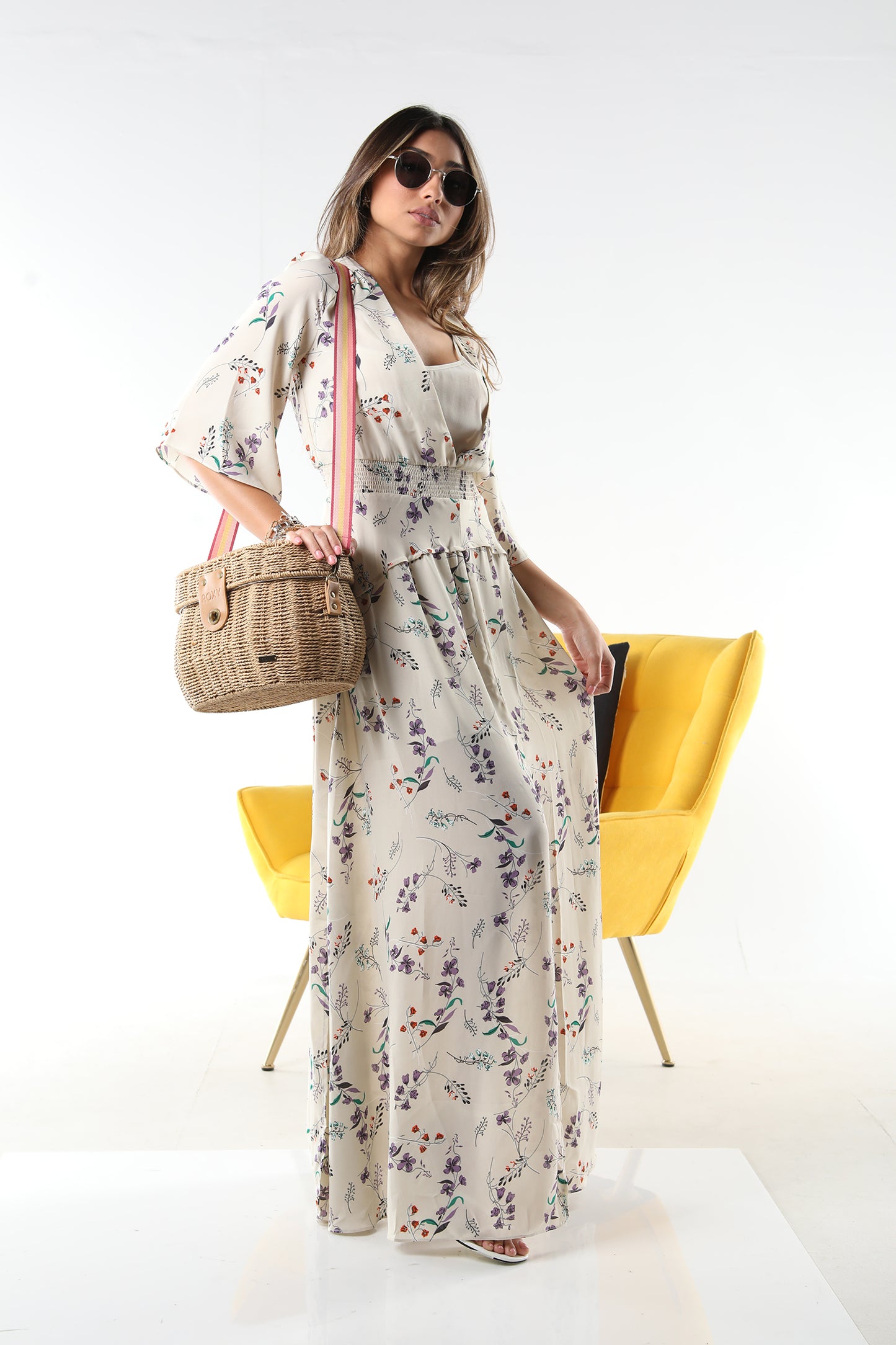 ELEGANTLY CREAM FLORAL PRINT MAXI DRESS