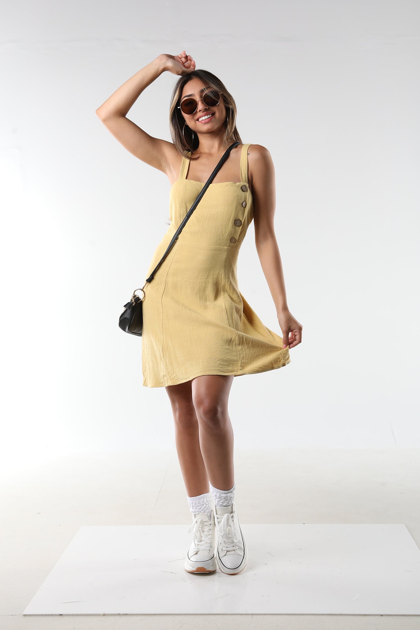MUSTARD SHORT, SLEEVELESS DRESS