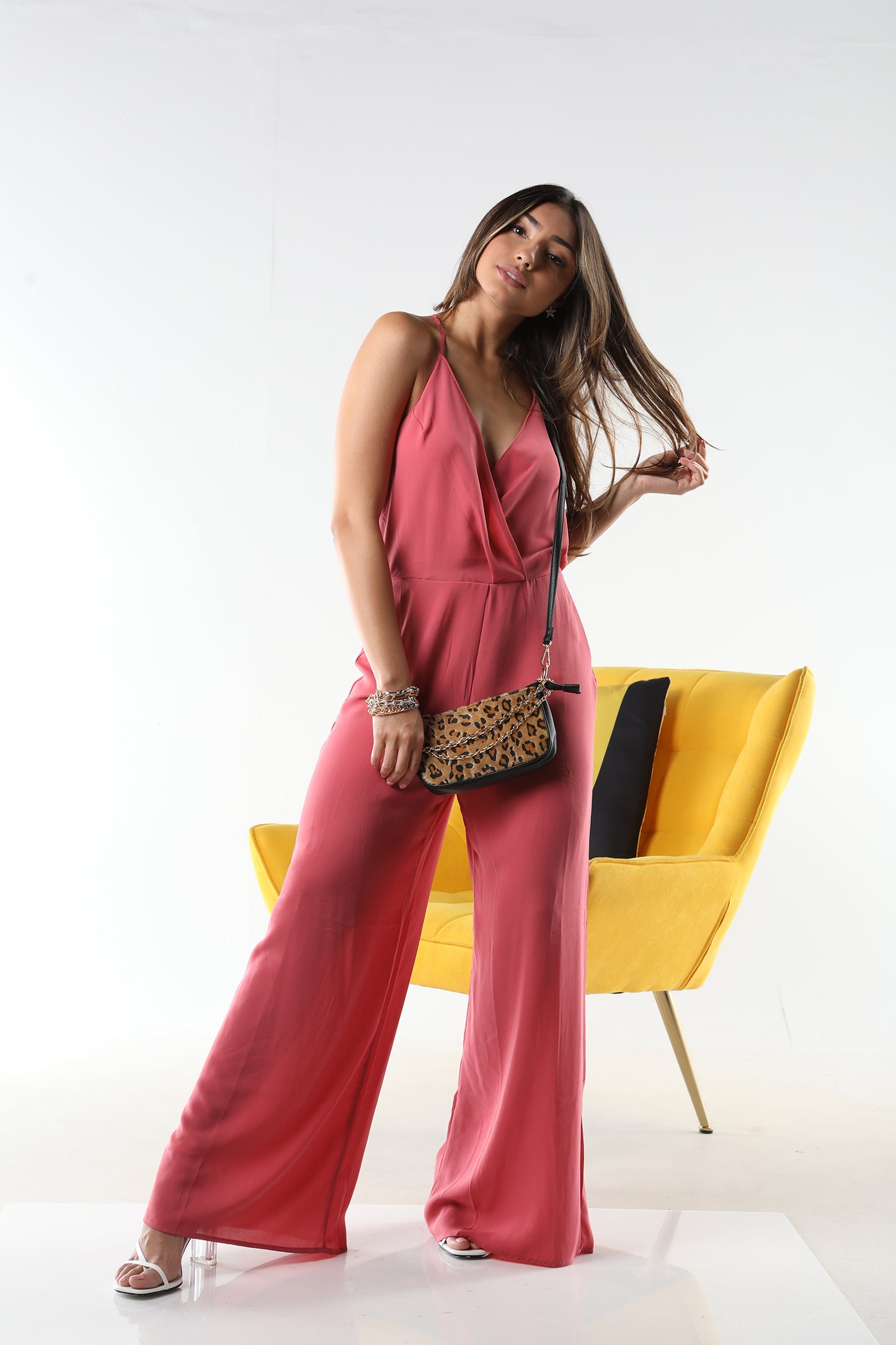 PINK SLEEVLESS V NECK WRAP CASUAL JUMPSUIT